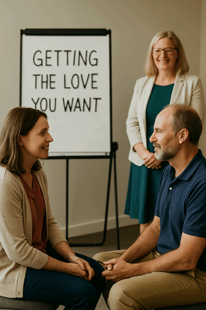 A middle-aged couple holding hands during a “Getting the Love You Want” couples workshop in Sydney. They lean in warmly, showing connection, safety, and intimacy, with a flipchart in the background. The image reflects the private, supportive atmosphere of the March 7–8, 2026 workshop led by psychologists Philipa Thornton and Chris Paulin, Masters in Clinical Psychology.