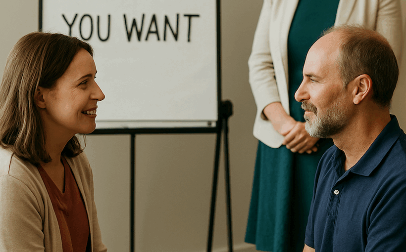 A middle-aged couple holding hands during a “Getting the Love You Want” couples workshop in Sydney. They lean in warmly, showing connection, safety, and intimacy, with a flipchart in the background. The image reflects the private, supportive atmosphere of the March 7–8, 2026 workshop led by psychologists Philipa Thornton and Chris Paulin, Masters in Clinical Psychology.