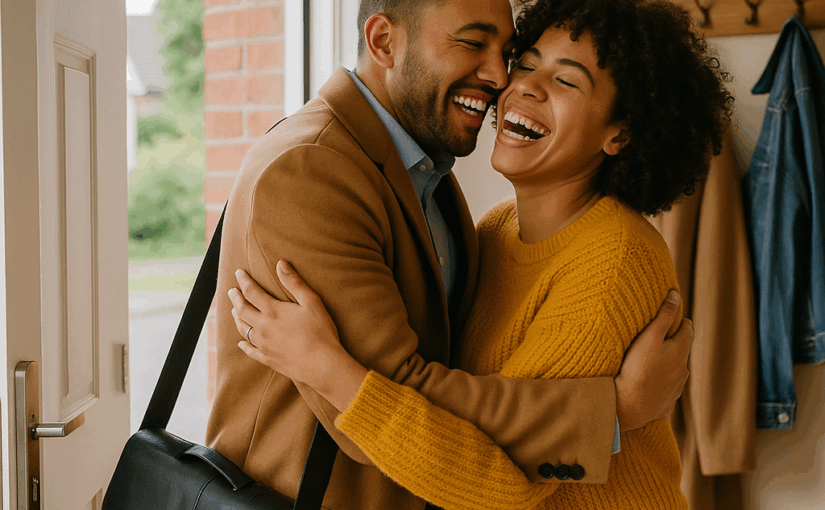 Joyful couple embracing as they greet each other at the front door after work, illustrating the warmth of daily connection rituals for an Imago Relationship Therapy blog.