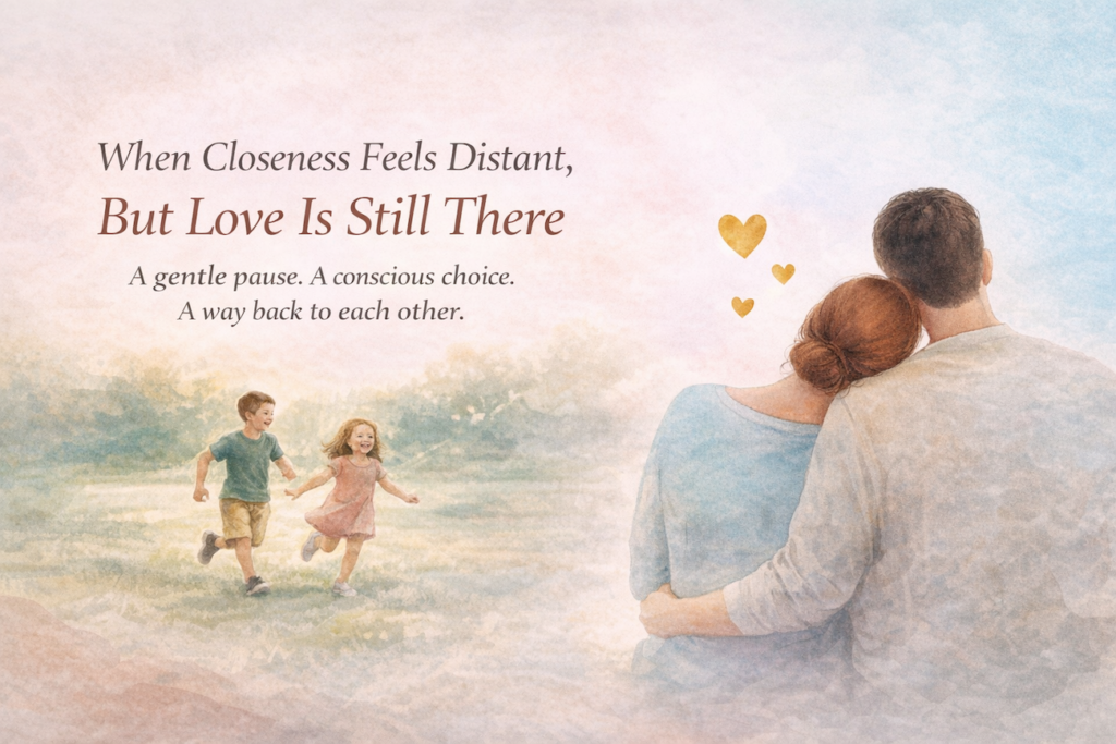 Illustration of a couple sitting together while watching their children play happily in a field, symbolising connection, family, and hope when intimacy feels distant after attending an Imago Couples workshop in Sydney.