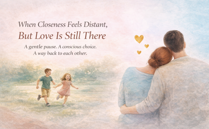 Illustration of a couple sitting together while watching their children play happily in a field, symbolising connection, family, and hope when intimacy feels distant after attending an Imago Couples workshop in Sydney.