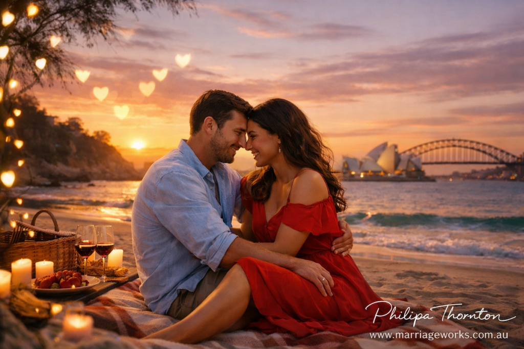 Romantic couple embracing at sunset with roses and heart-shaped lights, Sydney Opera House and Harbour Bridge in the background.