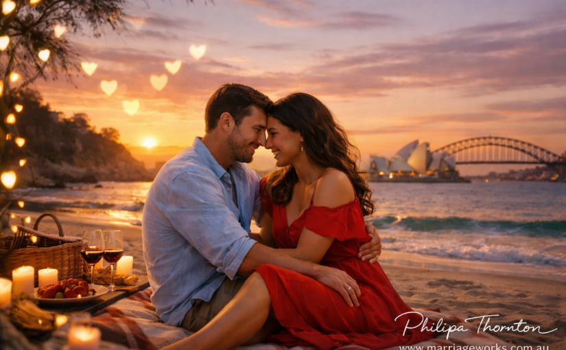 Romantic couple embracing at sunset with roses and heart-shaped lights, Sydney Opera House and Harbour Bridge in the background.