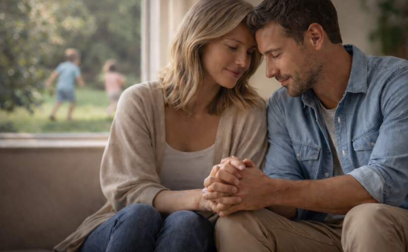 A couple holding hands after a Getting the Love You Want couples workshop in Sydney, with family life in the background, reflecting a private and supportive space for connection.
