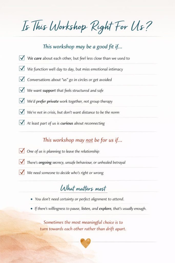 Checklist graphic titled “Is This Workshop Right For Us?” helping couples decide if a private relationship workshop is the right fit for them. Imago couples workshop. is-this-workshop-right-for-us-couples-relationship-checklist
