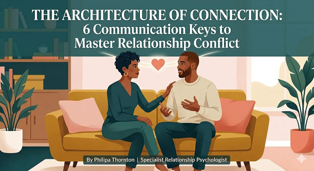 Stylised illustration of a couple sitting on a sofa engaging in conscious Imago dialogue for relationship conflict resolution, 6 communication keys to master relationship designed by Imago Psychologist Philipa Thornton.