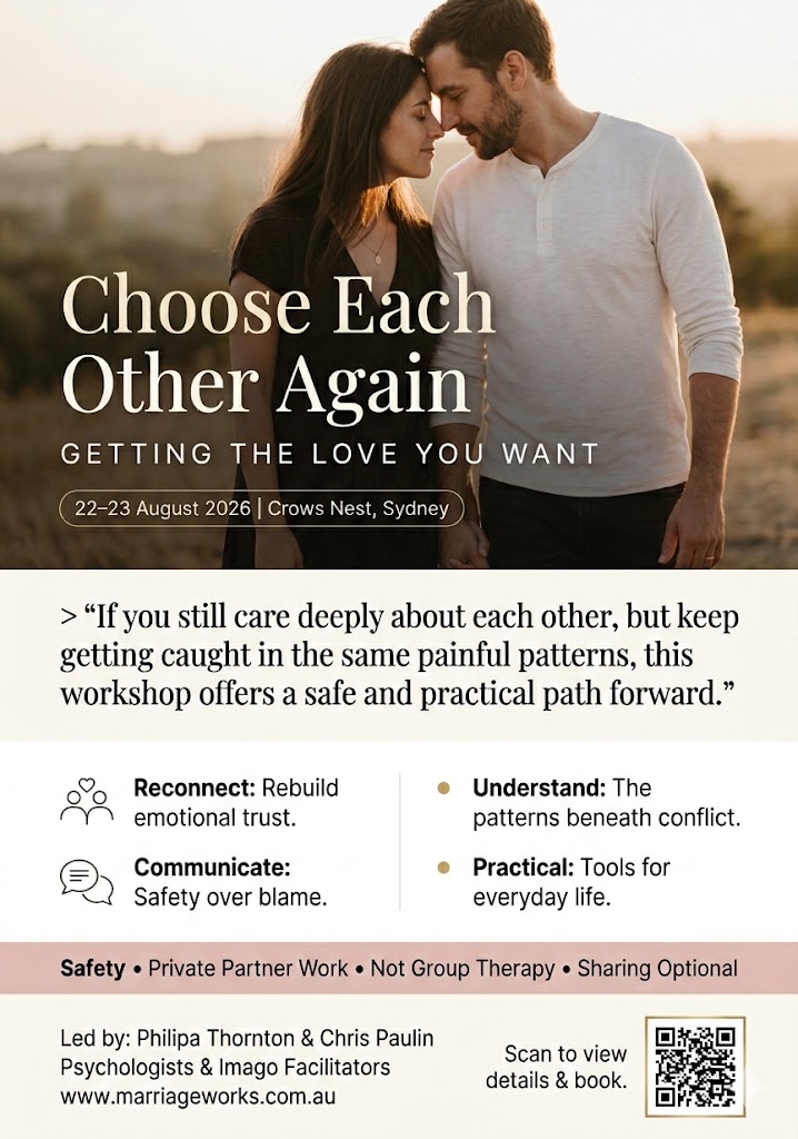 A warm, romantic photograph of a man and woman embracing at sunset on a hillside, overlaid with text for a marriage workshop titled "Getting the Love You Want "Choose Each Other Again," including details like the date, location, a testimonial quote, workshop benefits, and a QR code for booking.