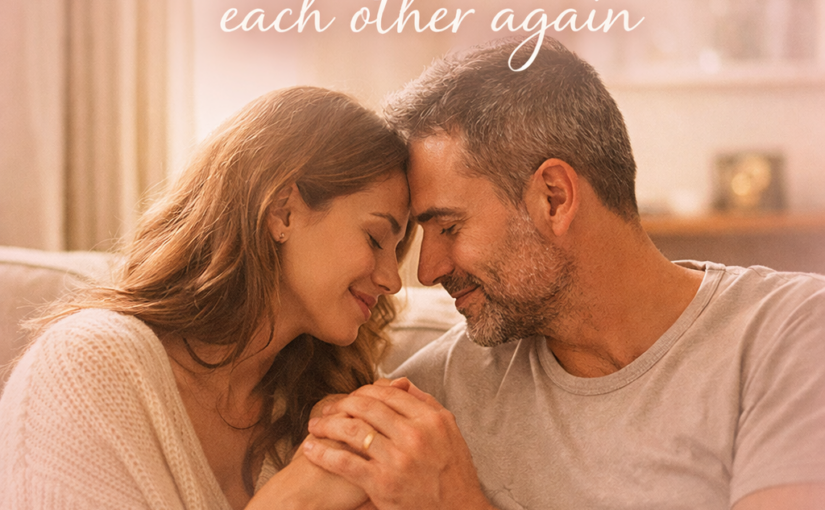 A couple sitting close together on a couch in warm, soft light, gently holding hands and leaning their foreheads together with eyes closed. The image conveys intimacy, emotional connection, and calm reconnection. Text overlay reads “Choose each other again” with www.marriageworks.com.au at the bottom.