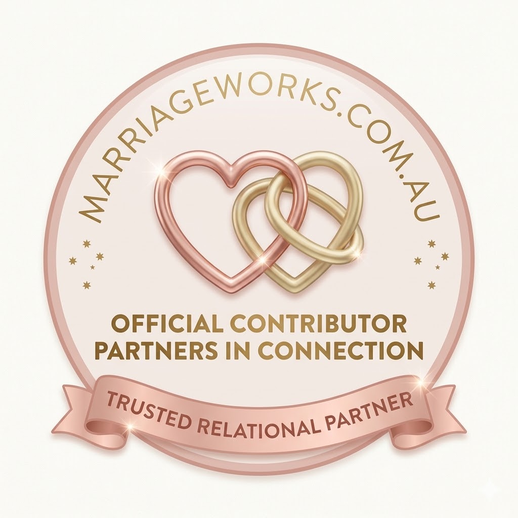 Marriage Works Badge for trusted contributor with website and hearts