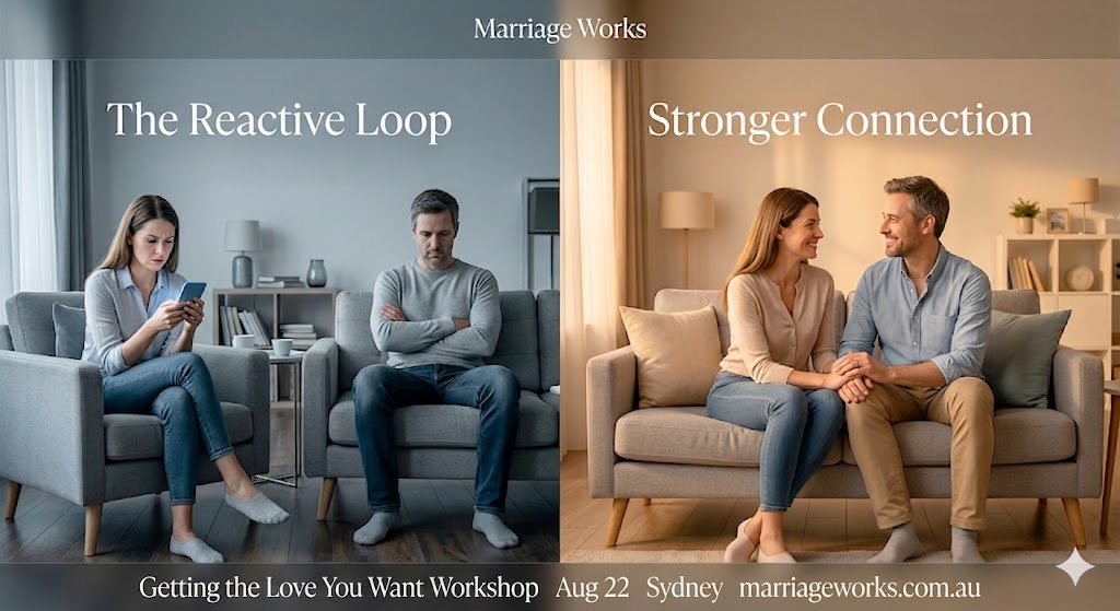 A split-screen comparison of a couple in a modern living room: the left side shows them disconnected and distant in cool blue lighting with the text "The Reactive Loop," while the right side shows them holding hands and smiling in warm golden lighting with the text "Stronger Connection." Bottom text Getting the love you want workshop Aug 22 www.marriageworks.com.au